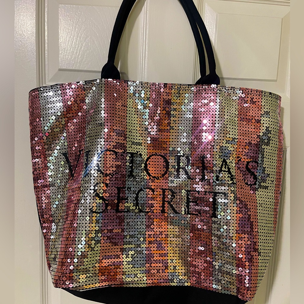 Victoria's Secret Sequin Large Tote Bag - Pink & Silver Sequins With Logo
